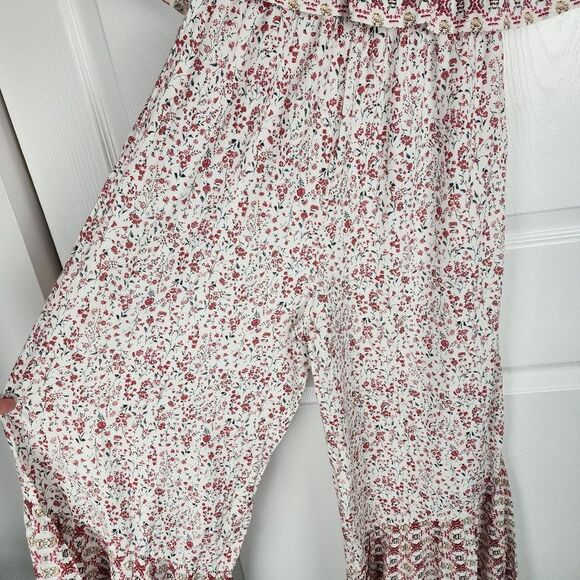 Japna Strapless Wide Leg Jumpsuit Ruffles Cream Red Floral Flare Smocked Size S - Picture 7 of 13